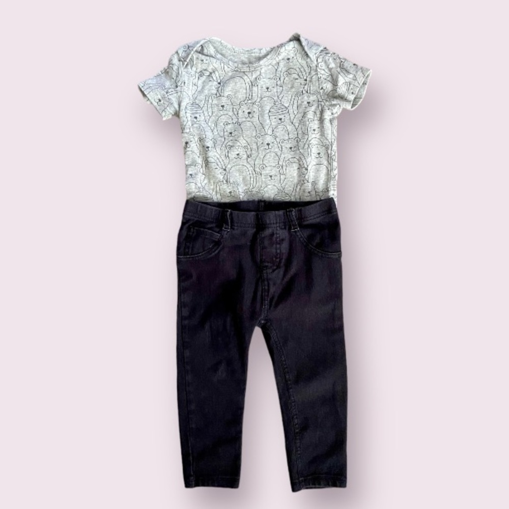 Boys 2 Piece Outfit with a Cute Bear Pattern and Solid Black Pants